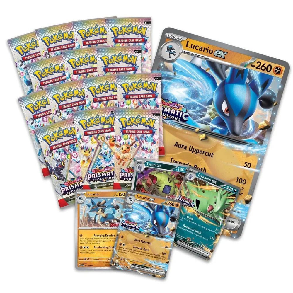 Pokémon Scarlet & Violet 8.5: Prismatic Evolutions Lucario ex & Tyranitar ex Premium Collection (OBS! Skadad kartong) - Image 2